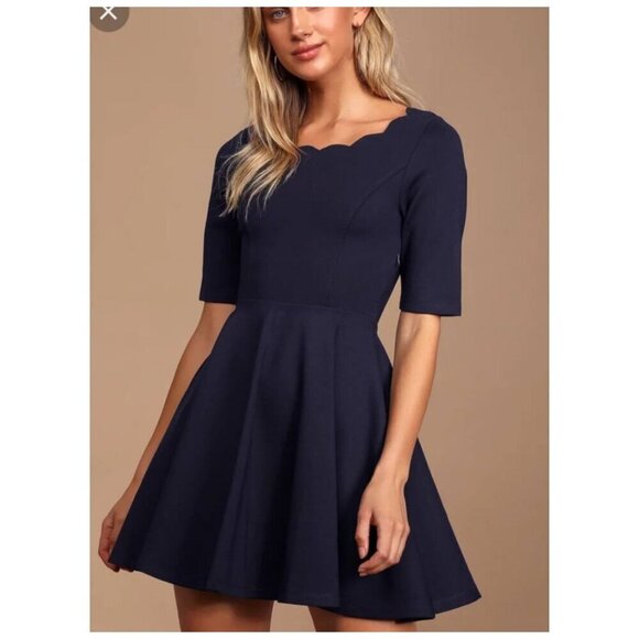 Lulus NWT Tip the Scallops Navy Blue Scalloped Skater Dress Cocktail Womens Sz S - Picture 9 of 14